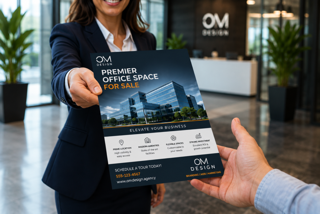 Real estate flyer design showing a premium office space for sale, handed to a client inside a modern commercial building lobby with OM Design branding.